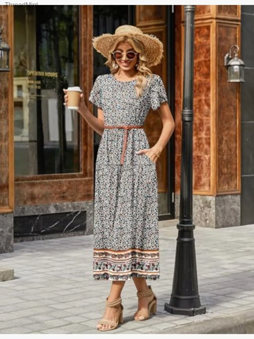 Bohemian Floral Maxi Dress - Short Sleeve Flowy Casual Beach Sundress - Picture 4 of 7